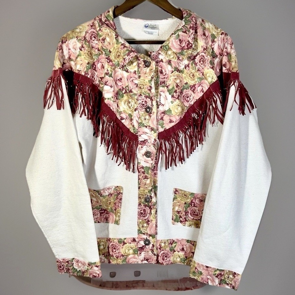 Vintage Western Floral Fringe Med. Jacket Rose  Burgundy Suede Tassels Port & Co